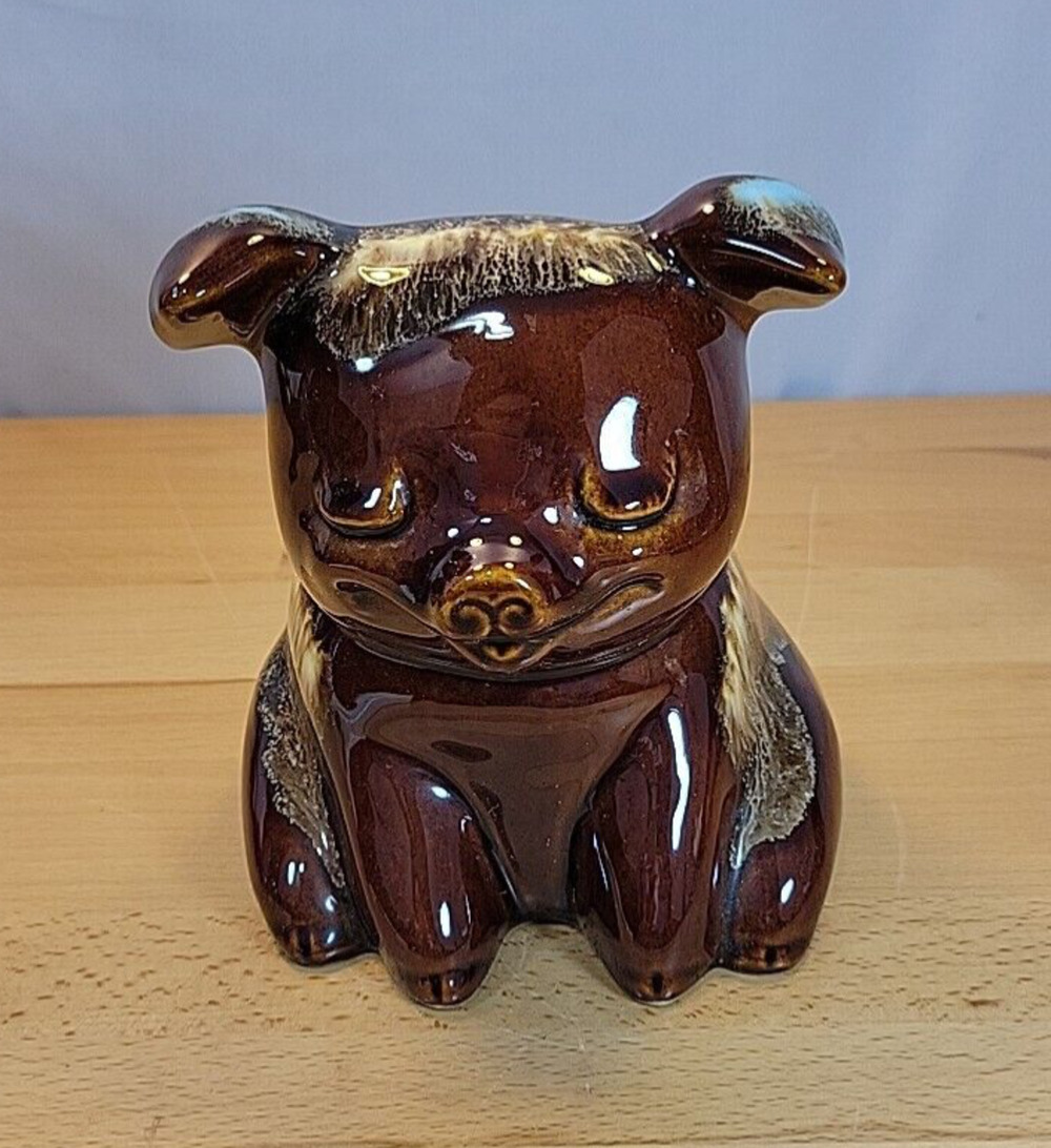 Vintage Hull 196 Pig Piggy Bank Pottery Brown Turquoise Drip USA Cork inside